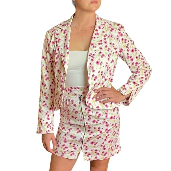 VINTAGE NICOLE MILLER 90S FLORAL COTTON NOTCH COLLAR ZIP JACKET SKIRT SUIT SET - Picture 1 of 15